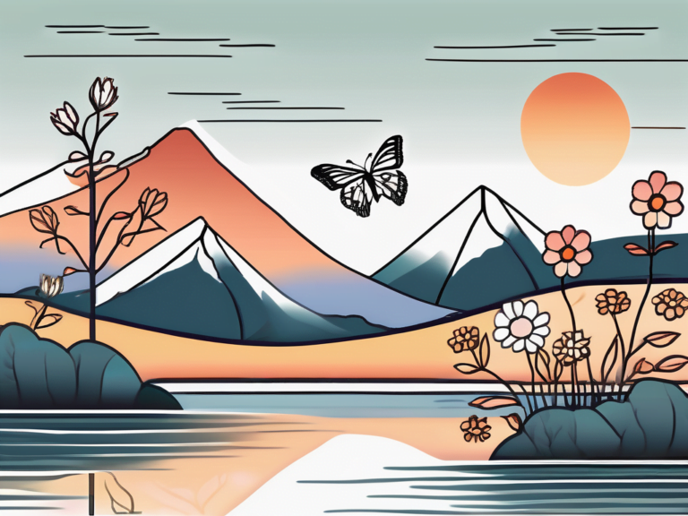 Ilustração de uma paisagem serena com montanhas, flores e uma borboleta.